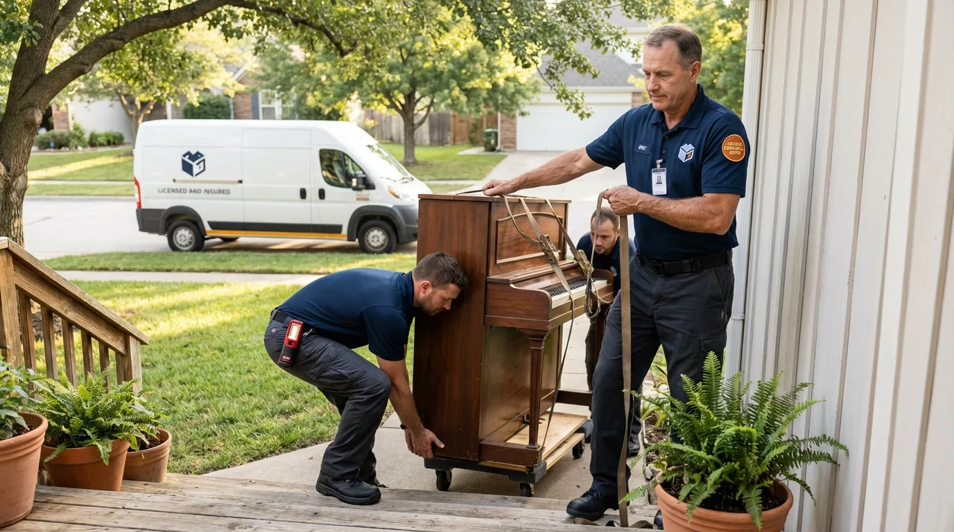 Licensed piano movers securing grand piano in Hebron, CT