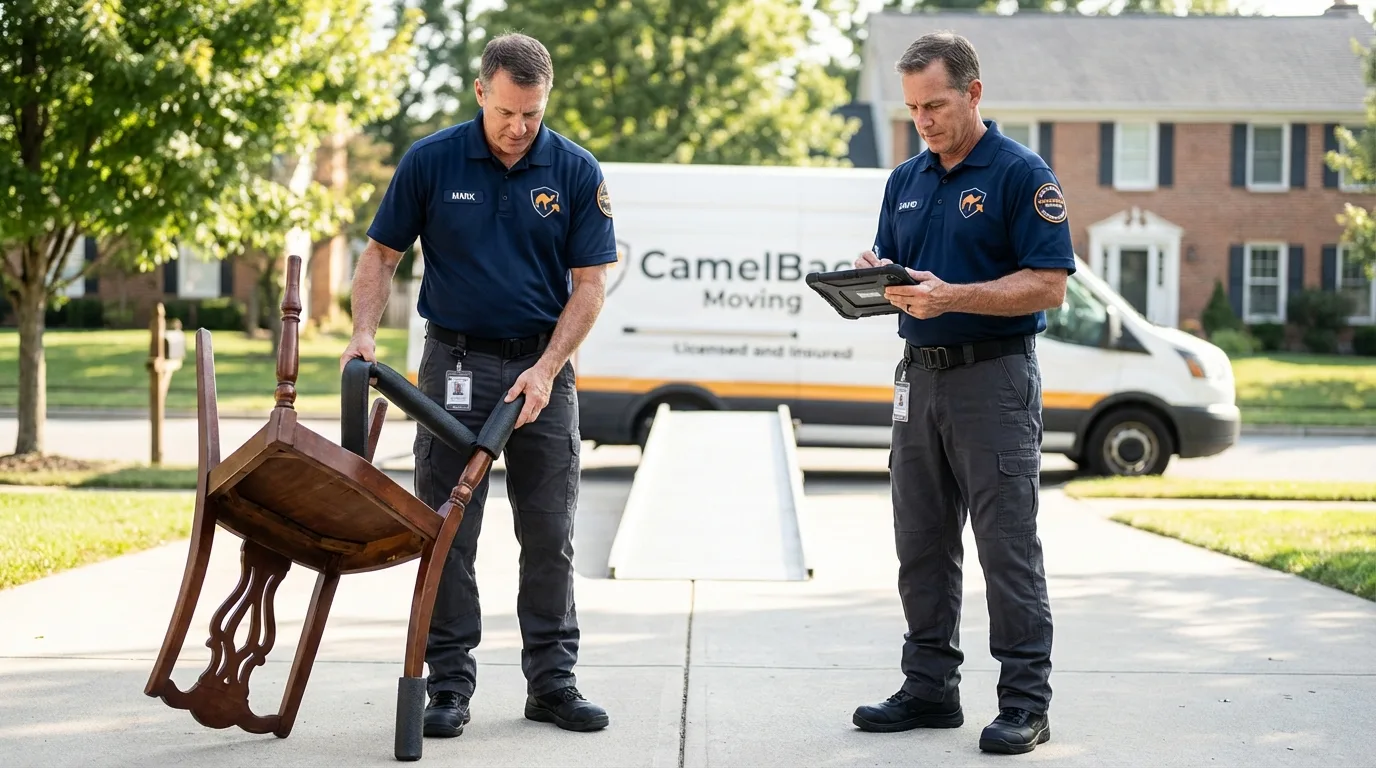 Movers inspecting furniture for damage prevention before loading in Hebron, CT